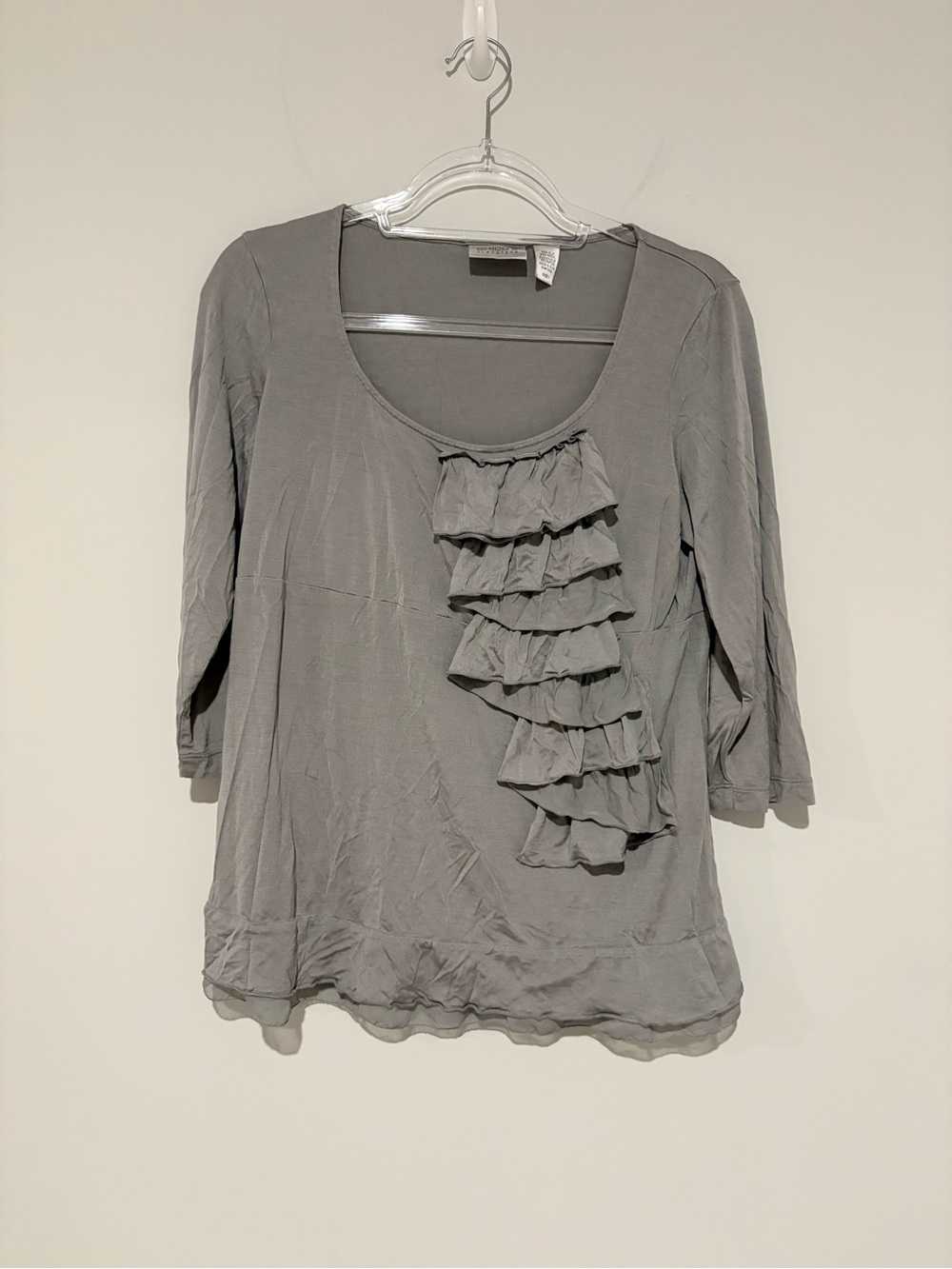 Chico’s travelers silk modal ruffle blouse grey size 1